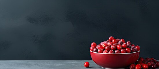 Canvas Print - a bowl of fresh cranberries sits on a dark grey table leaving room for text in the image. creative b