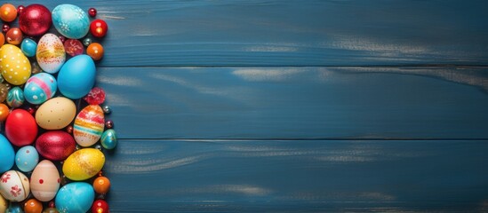 Aufkleber - A creative frame surrounds a beautiful arrangement of colorful Easter eggs on a blue wooden table with ample copy space for customization