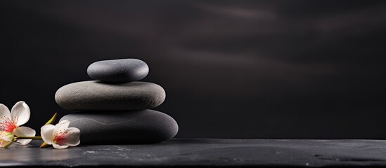 Poster - A serene spa composition with a stack of spa stones on a copy space image against a black background