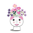 Florero con cara de mujer y ramo de flores.