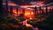 Fiery sunset illuminating a wild marshland, with radiant reflections in the water and vibrant flora.