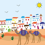 Fototapeta  - Paisaje de pueblo y camellos.
