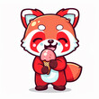 Cartoon cute red panda eating ice-cream. Illustration of a cartoon red panda holding and licking a  strawberry ice cream cone on a white background.