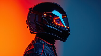 Male race car or moto driver wearing helmet and racing suit, with neon background. Sports concept