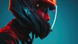 Male race car or moto driver wearing helmet and racing suit, with neon background. Sports concept