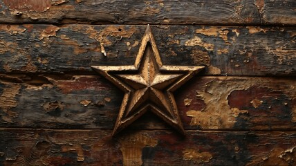 rustic antique bronze metal star emblem against a distressed worn wooden background. vintage america