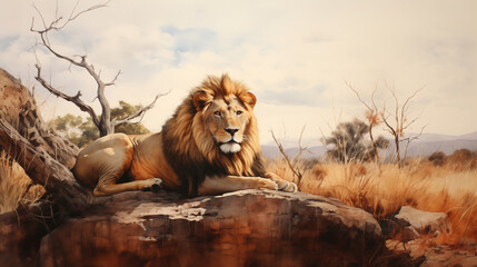 African savannah serves as the backdrop for a powerful lion in a digital painting.