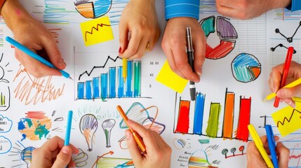 Poster - A startup team brainstorming ideas while surrounded by colorful sticky notes and whiteboards filled with sketches of business graphs.