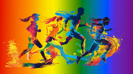 Wall Mural - Runners while competition on colourful background. Creative background of diversity in sport.