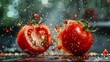 Tomatoes falling into water with splashes of water on a black background