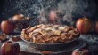 Homemade apple pie with fresh apples and sugar powder on dark background
