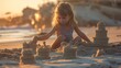 Adorable little girl playing with sand on the beach at sunset time