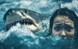 Woman in water looking shocked with an imminent shark attack behind her