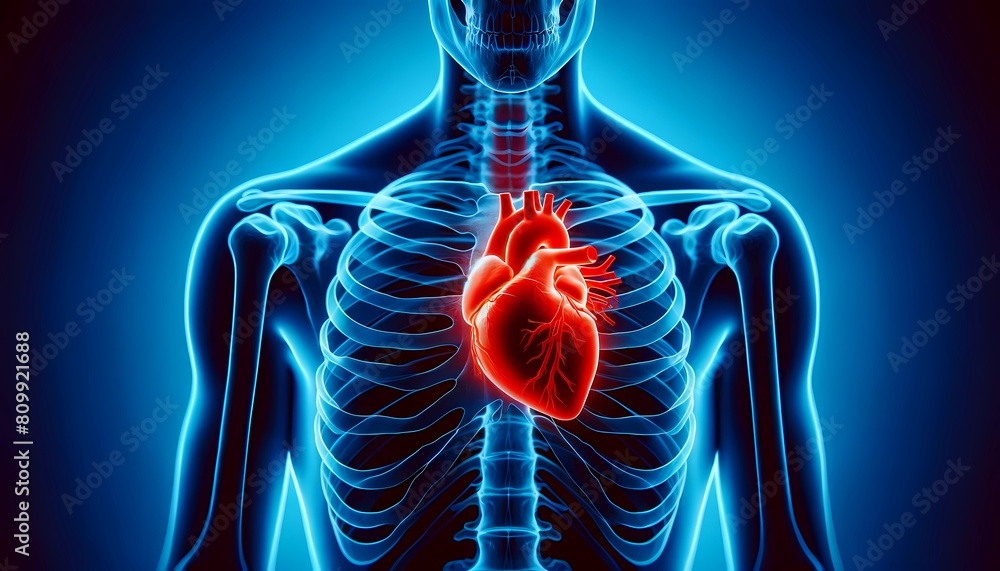Heart Inside Ribs X-ray of the upper human body focusing on the heart pain within the rib ...