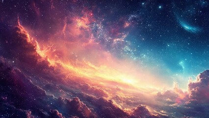 Wall Mural - A vibrant cosmic scene with a blend of warm and cool tones, showcasing clouds, stars, and celestial bodies in a mesmerizing skyscape.