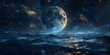 Full Moon Rising Over Tranquil Ocean at Night, Mesmerizing Full Moon Reflecting on Ocean Waves