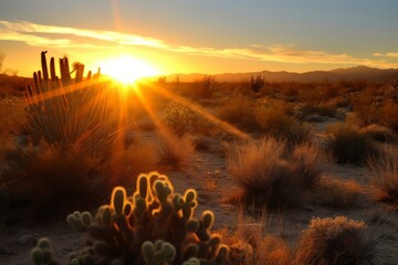 Wall Mural - Warm sunlight bathes the desert, highlighting cactus silhouettes against a vibrant sunset sky