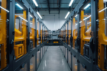 Wall Mural - Inside view of a 3D printing farms maintenance area, where machines are tuned and calibrated for optimal performance 