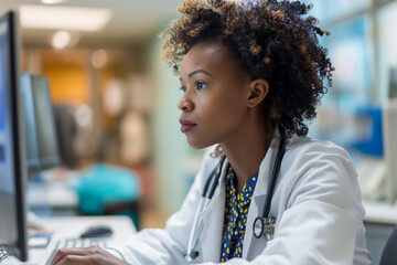 Wall Mural - A Black Female Medical Health Care Professional Working on Desktop Computer in Hospital Office.