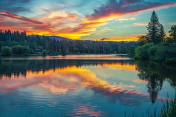 Canvas Print - Beautiful sunset over tranquil lake, colorful reflections on water, summer paradise mockup