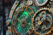 Intricate gears of a steampunk clock powered by green energy symbolizing innovation and sustainability 