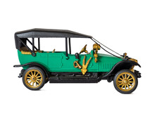 Retro Car Toy Model. Green Antique Retro Car On White Background. The First Cars In History. Collecting Toy Car Models