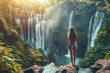 Woman at waterfalls in jungles, Bali island nature, stream cascade, Indonesia travel, beautiful jungle