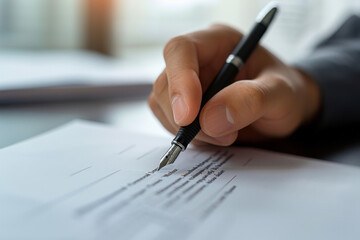 Close-up image of a person's hand signing a document, symbolizing inclusivity and collaboration across different races in business