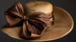 a golden straw hat with a wide brim, adorned with a large brown bow on the side.