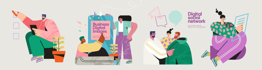 Digital business, social networks and instant messengers, using a smartphone, telephone and tablet, making a check mark and communication. Vector illustrations of modern bright trendy characters 