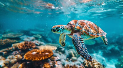 Wall Mural - Captivating sea turtle swimming gracefully among vibrant coral reefs in a vivid underwater world