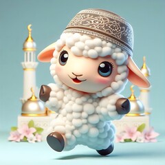 Wall Mural - A cheerful cartoon sheep wearing a prayer cap stands before a mosque, symbolizing cultural reverence 