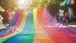 Huge colorful rainbow flag on city street or park, parade