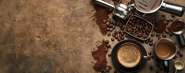 barista tools, including a tamper, coffee beans, and espresso machine parts, on a cafe counter backg