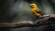 Wildlife Photography: Female Eurasian Golden Oriole Sitting on a Dark Branch in the Forest, Close