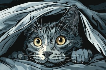 Wall Mural - A cute cat peeking out from under a cozy blanket. Perfect for pet lovers