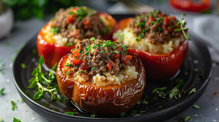 Wall Mural - Traditional croatian stuffed peppers filled with savory ground meat and rice, garnished with fresh herbs on a ceramic plate