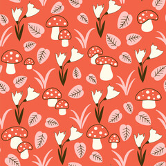 Wall Mural - Cute cartoon hand drawn seamless vector pattern illustration with white flowers, red mushrooms, pink leaves and grass on red background