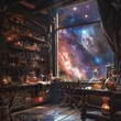 A room with a window that shows a beautiful, colorful galaxy