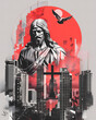 Retro collage art of Jesus Christ, Christian cross, a flying dove and cityscape