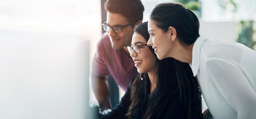Aufkleber - Computer, women and man in office with advice, problem solving and online proposal for business plan. Teamwork, manager and consultant at desk together for project ideas, opinion and brainstorming