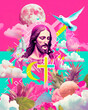 Retro collage art of Jesus Christ, Christian cross, a flying dove and natural environment