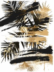 Wall Mural - A painting featuring palm leaves in gold and black colors against a white background