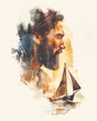 Double exposure retro image of Jesus Christ a boat and ocean. Calming storm concept.