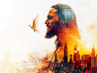 Wall Mural - Double exposure art of Jesus Christ, flying dove and cityscape