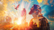 Double exposure art of Jesus Christ, flying dove and cityscape