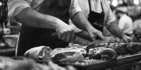 Wall Mural - A man is shown cutting meat in black and white. Suitable for food and cooking concepts