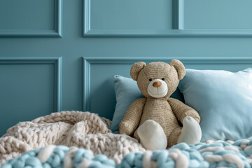 Wall Mural - Boy's blue bedroom with big teddy bear