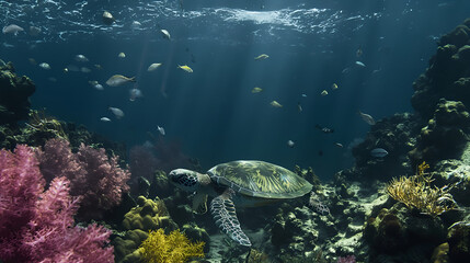 Wall Mural - Sea turtle or marine turtle swimming in ocean with coral reefs