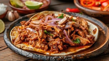 Wall Mural - Slow-Marinated Cochinita Pibil on Traditional Wooden Plate. Mexican Pit-Roasted Pork Meat garnished